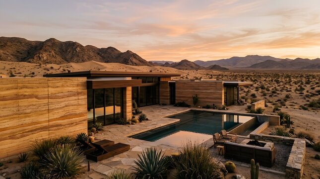 Stunning contemporary rammed earth architecture featuring an infinity pool set against a dramatic arid mountain backdrop at sunset