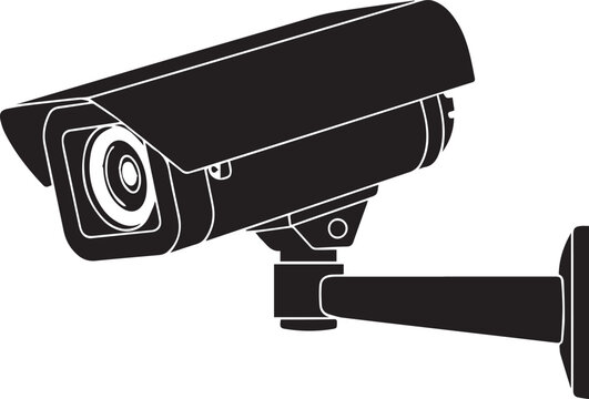 A black silhouette illustration of an outdoor security camera mounted on a wall for surveillance