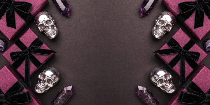 Elegant arrangement of skulls and crystals with velvet ribbons on dark background illustration