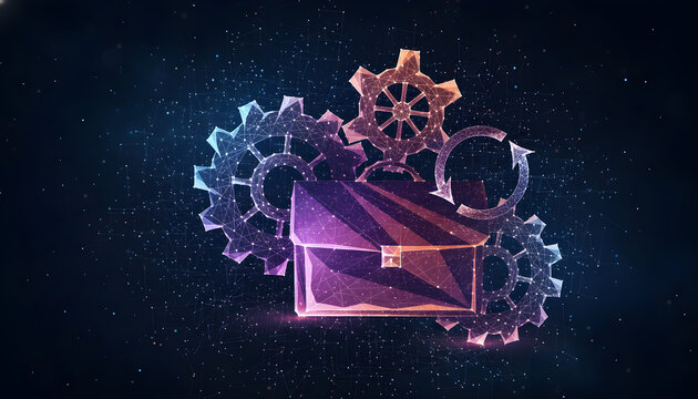 Digital briefcase and gears forming abstract business concept on dark background with glowing particles