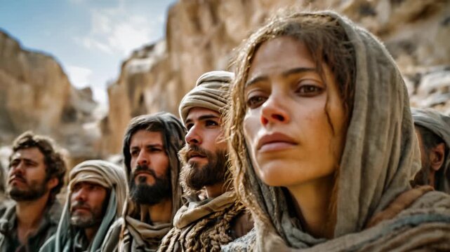 Group of ancient Israeli people standing in desert land looking up at the sky, biblical scene with spiritual atmosphere, warm tones and vast landscape reflecting faith and history.