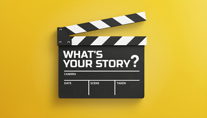 Naklejka premium What's Your Story? Text on a Movie Clapperboard with Black and White Stripes against a Bright Yellow Background