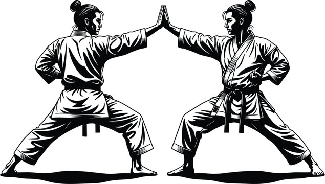 Professional black vector silhouette of two martial artists practicing karate in a sparring stance isolated on white background for dojo and combat sports