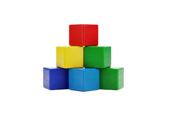 Fototapeta premium Highly saturated, perfectly stacked wooden cuboid toy blocks forming a precise stepped pyramid structure, glossy reflection on white background. Concept of architectural construction