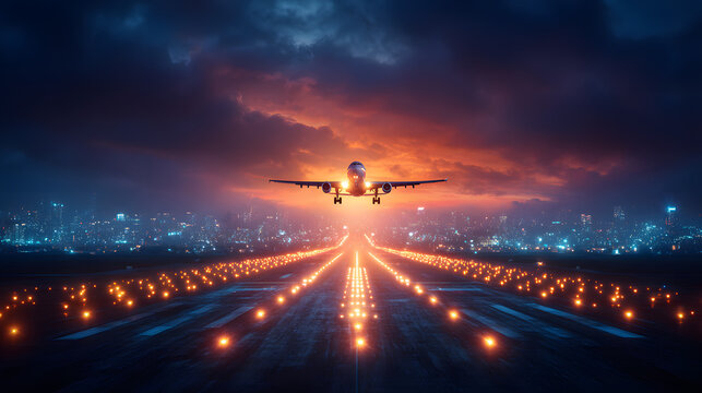 Airplane Taking Off at Sunset with Motion Lights &ndash; Travel Journey, Aviation Technology and Modern Flight Scene