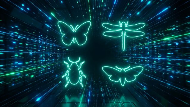 Glowing neon outlines of four distinct insect icons float within a rapidly moving abstract digital data stream environment