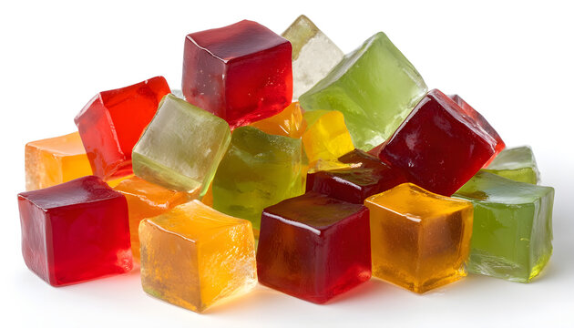 Many agar-agar jelly cubes on white background
