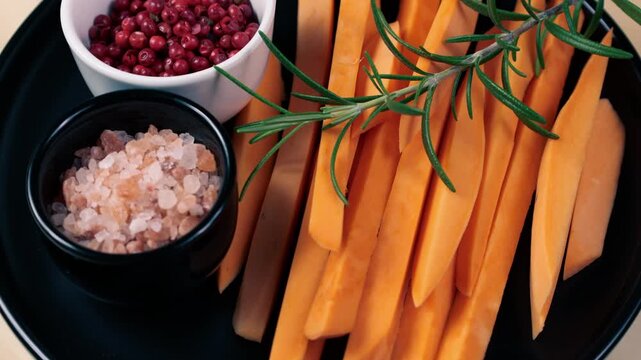 Fresh mango slices served on a plate with pink peppercorns and salt in a 4k view