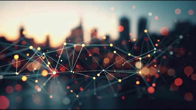 Futuristic cityscape with interconnected nodes and glowing lines representing digital networks data connections smart cities and technological innovation for business concepts