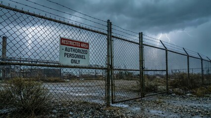 Fototapeta premium A sturdy chain-link fence, topped with menacing barbed wire, prominently displays a red and white 'Restricted Area - Authorized Personnel Only' sign, signifying an imposing boundary and the severe