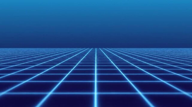 Abstract digital grid background with glowing blue lines extending into an infinite virtual space, evoking a futuristic technology and data concept