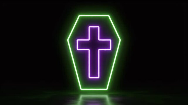 A neon coffin with a cross glows in purple and green on a dark, reflective surface