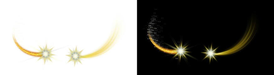 PNG image of Two bright golden shooting stars leave brilliant sparkling light trails curving gracefully on transparent background © zakir