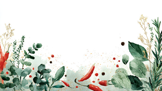 Abstract watercolor botanical border with rosemary thyme sage oregano mint basil and chili along lower edge showcasing minimal elegant design