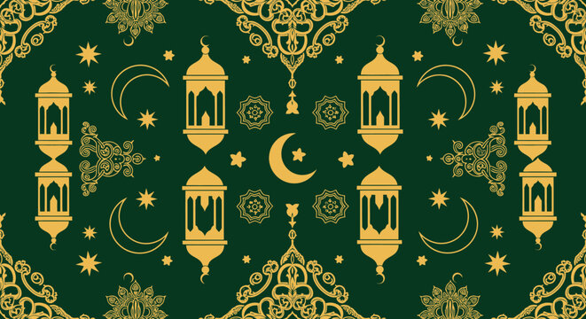 Ramadan Kareem traditional Islamic decorative elements with lanterns, crescent moons and intricate patterns on a dark green background