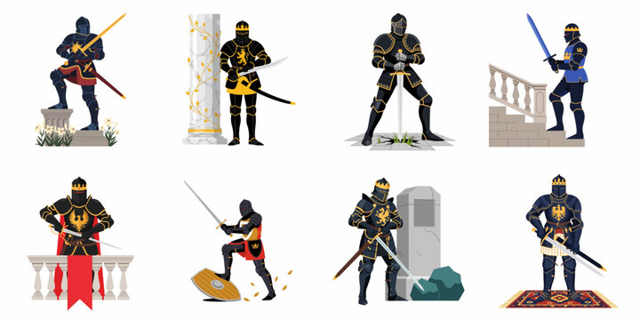 Set of eight medieval knights in full black and gold armor, holding swords in various poses, flat vector illustration on white background.