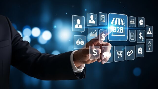Businessman's hand points to a b2b e-commerce interface with various business-related icons on a digital screen.