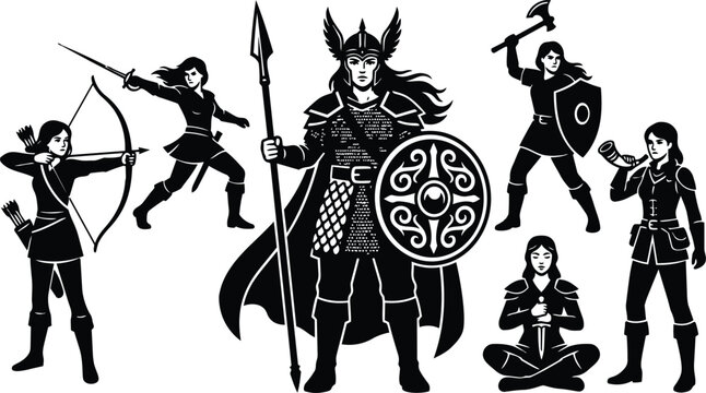 Silhouette viking shieldmaiden with winged helmet spear and ornate round shield standing center