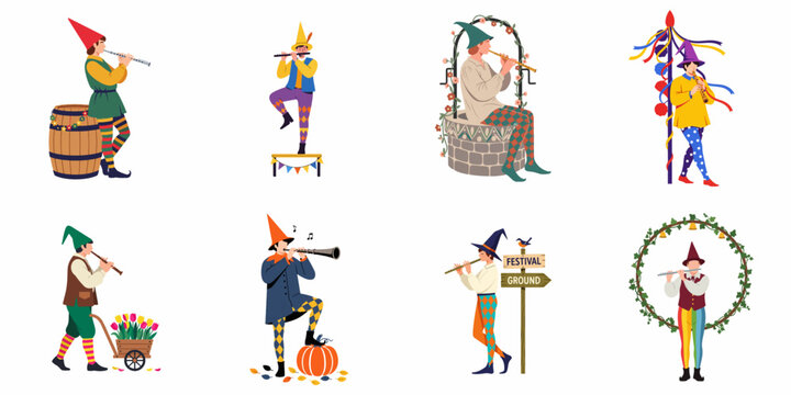 Collection of whimsical medieval minstrels and pipers playing flutes in various festive settings, flat vector illustration style isolated on white background.