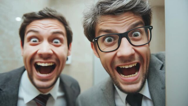 Two businessmen with funny exaggerated facial expressions, wide eyes and open mouths, showing surprise and excitement while screaming, capturing humor and energetic emotion.