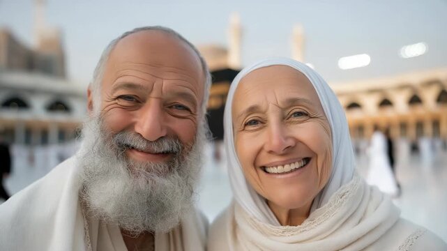 Happy senior Muslim couple in white robes smiling while standing near the Kaaba in Masjid al-Haram, surrounded by pilgrims, capturing devotion, unity, and a sacred spiritual journey.