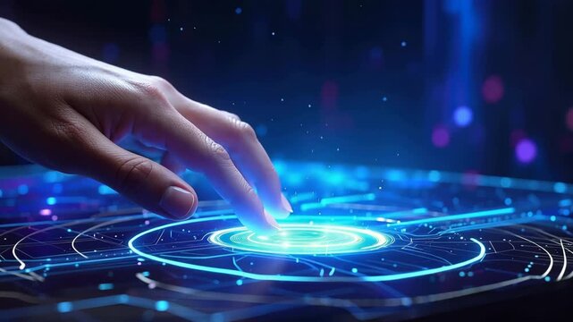 Touching the Future: A close-up shot of a hand interacting with a futuristic digital interface, symbolizing technology, innovation, and the power of human connection. 