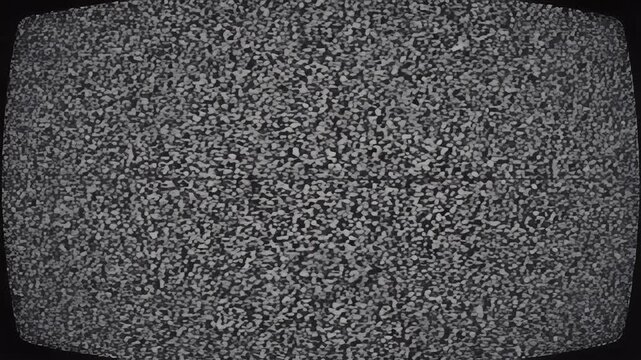 A black and white image of television static fills the frame, with dark corners