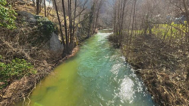 River From Wooden Bridge With Turquoise Water &ndash; Sunny Autumn. Ozren Mountain, Sokobanja region. Balkans, Serbia.