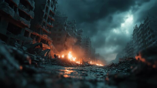Aftermath of war in a ruined urban area, damaged buildings and fires burning on the ground, conveying destruction, conflict, and dramatic post-battle atmosphere.