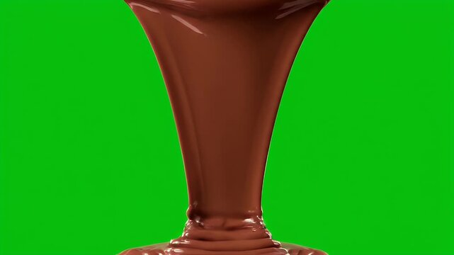 A stream of thick, glossy, liquid chocolate pours against a bright green background