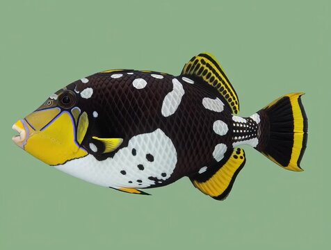 Clown Triggerfish, swimming against a pale green background