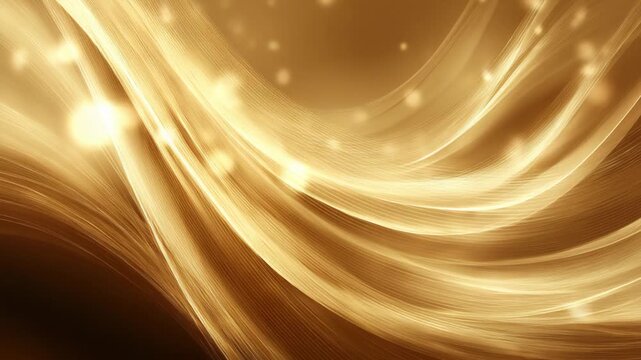 Gold curved layers flow with glowing glitter and bokeh floating upward, creating a luxurious abstract background with soft light, depth, and elegant motion.
