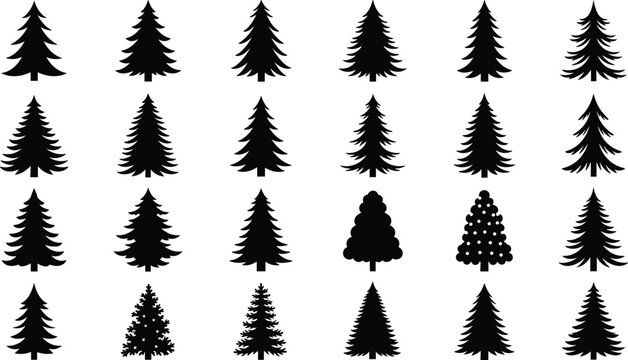 Black Pine Tree Silhouettes Collection Featuring Diverse Conifer Shapes Isolated Evergreen Fir Spruces and Forest Cedar Icons for Winter Nature Graphics and Christmas