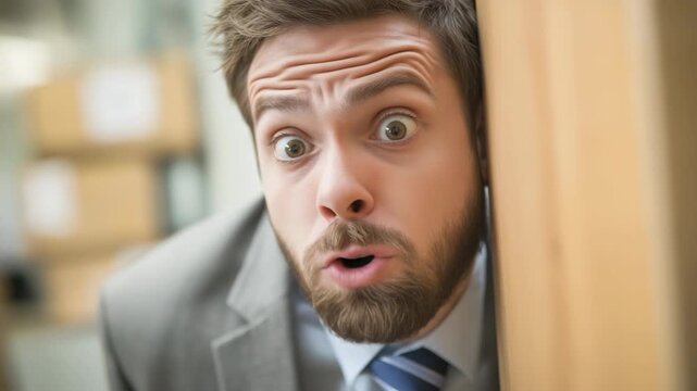 Caucasian businessman with a funny exaggerated facial expression, wide eyes and anxious excitement while looking at the camera, capturing humor, surprise, and emotional tension.