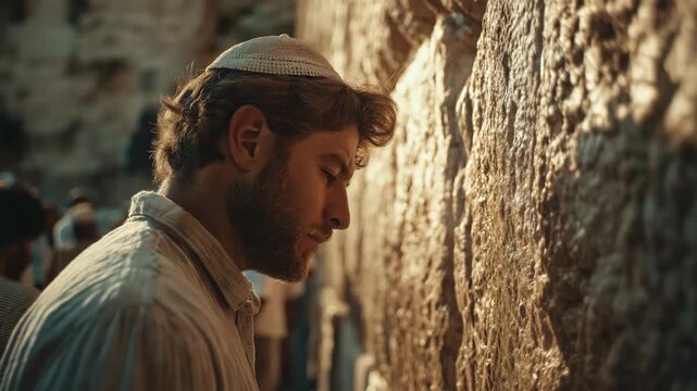 Jewish man praying at the Western Wall, wearing traditional attire, expressing deep faith and devotion at a sacred historical site in Jerusalem.