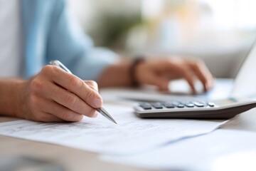 Fototapeta premium A man's hand writing on a financial document at a desk with a calculator. Accountant calculating taxes or business budget. Tax filing deadline and finance concept