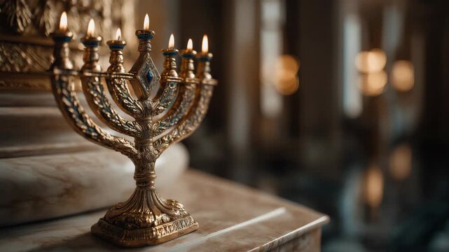 Close-up of the 7-branch menorah, an ancient Jewish symbol of divine light, wisdom, and creation, illuminated with warm glow highlighting its sacred and historical significance.