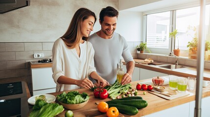 happy vegan couple cooking together