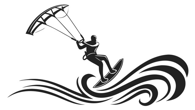Black Vector Silhouette of a Windsurfer on Waves - Extreme Water Sports Icon Isolated on White