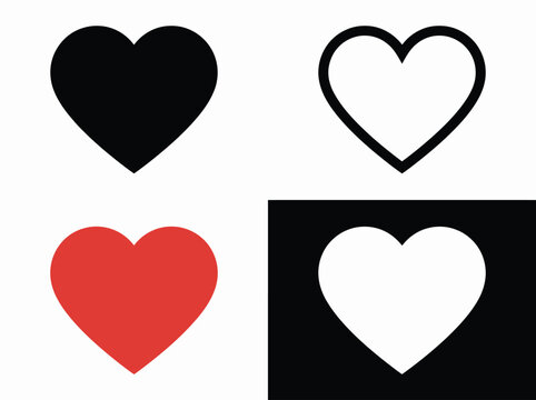 Heart Icons in Black Red White Solid and Outline Styles Isolated