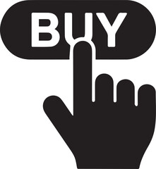 Obraz premium A black icon showing a human hand cursor pointing at a button with the word buy written on it