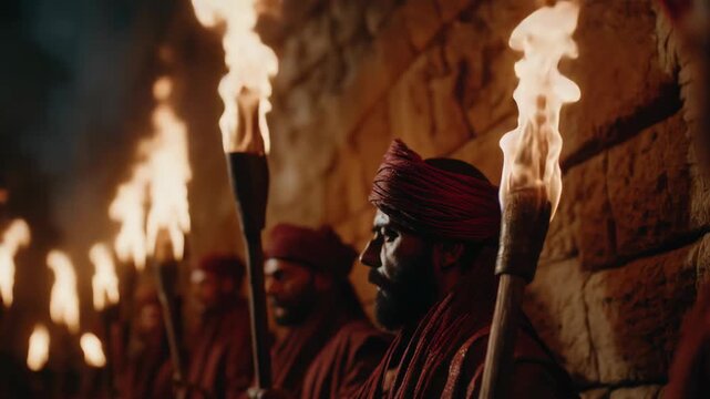 Ancient Middle Eastern guards holding torches standing in a row along a castle wall, dramatic night scene with firelight illuminating stone and traditional attire.
