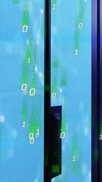 Vertical video: Black frame handle rising, tech panel activating, visualizing binary network data