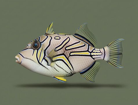 Picasso Triggerfish, swimming against a pale green background.