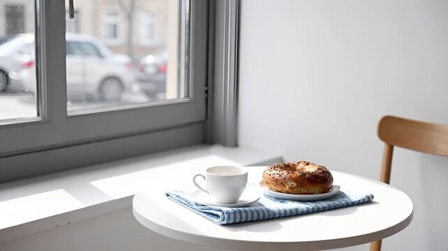 パリ風ミニマルカフェ 白空間とラウンドテーブルの動画