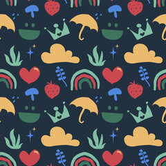 Fototapeta premium Colorful seamless pattern with whimsical icons such as rainbows, hearts, strawberries, mushrooms, umbrellas, clouds, and crowns on a dark background.
