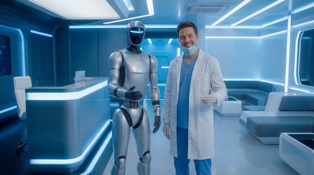Portrait of a human doctor and an AI humanoid robot in a modern medical center.