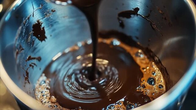 Hot dark chocolate pouring into metal bowl. Liquid cocoa stream creating ripples. Gourmet dessert preparation, confectionery art and kitchen cooking process.