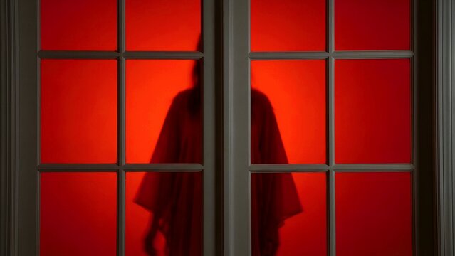 A mysterious, cloaked silhouette casts a menacing shadow through a glass-paneled door, creating an unsettling and suspenseful atmosphere for a horror or thriller concept. This eerie figure evokes