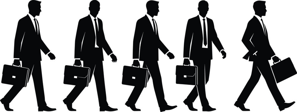 Businessmen, walking, silhouettes, briefcases, professional, corporate, office, workers, male, suit, confident, career, success, urban, commute, leadership, teamwork, isolated, illustration, collec